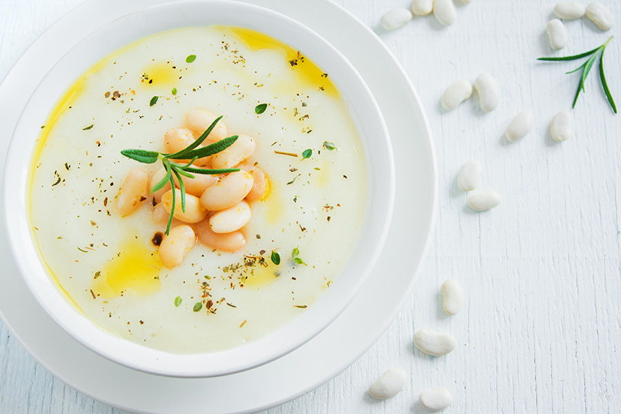 Cold cream of white bean soup with palacios chorizo