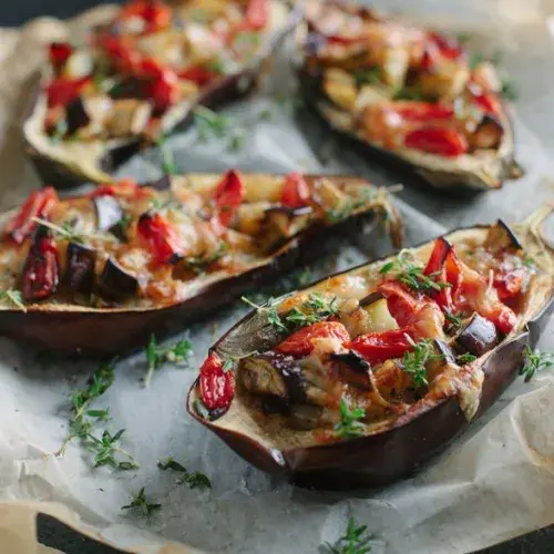 Aubergine stuffed with cheese and "Palacios" chorizo (spicy pork sausage)